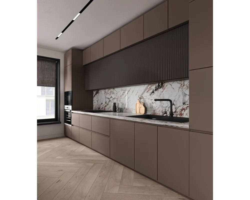 Tủ bếp gỗ nhựa chữ I gọn gàng cho căn hộ nhỏ